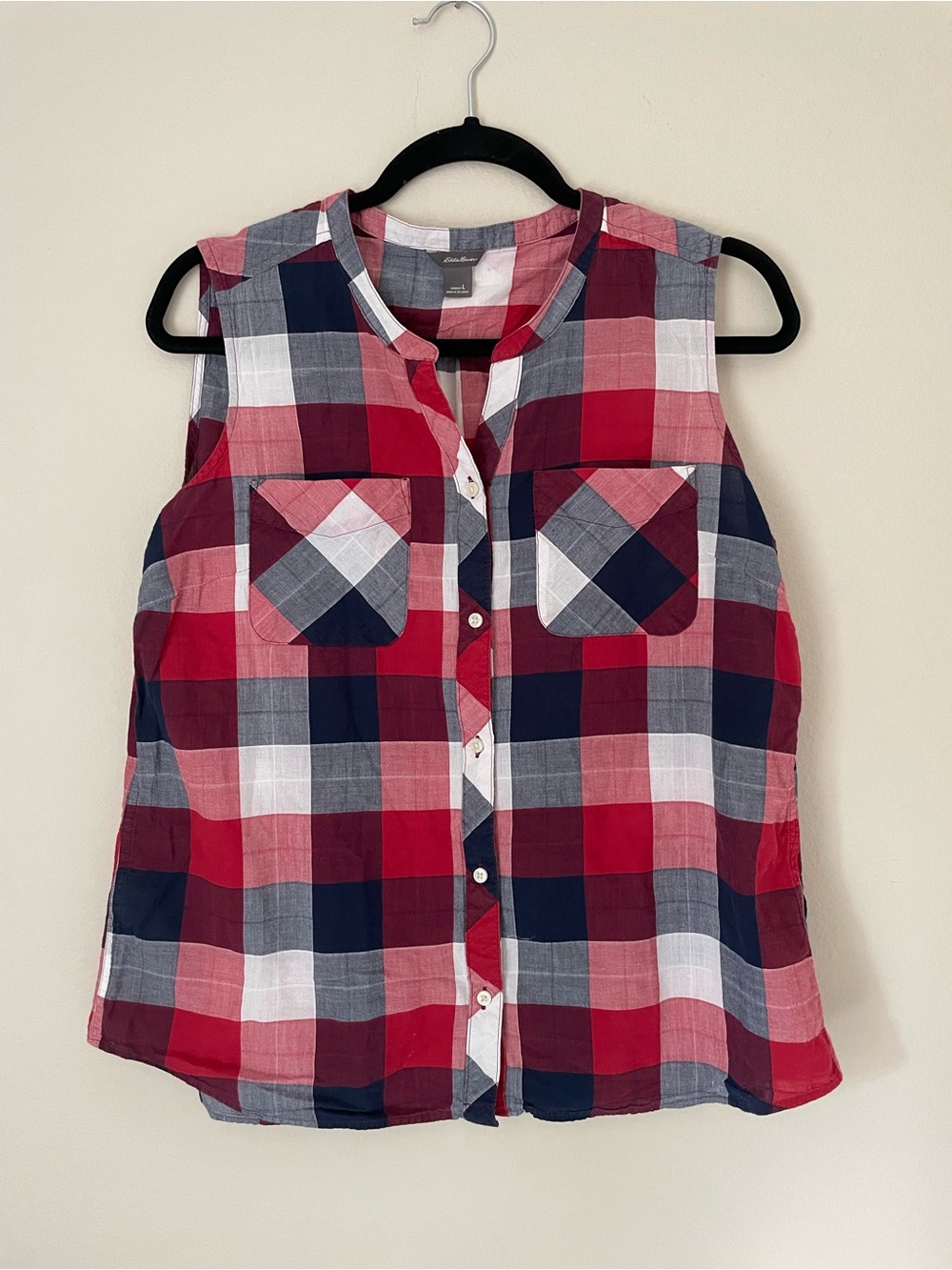 Eddie Bauer Red Navy White Plaid Sleeveless Button-Down Top 99% cotton size L
